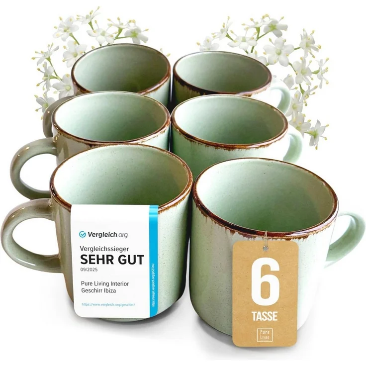 PURE LIVING INTERIOR DESIGN Geschirr-Set Tassen 6er 350ml »Rustic«, Steingut, Mintgrün (6-tlg), 6 Personen, Steingut – Bild 1