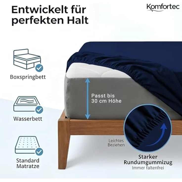 Komfortec Mikrofaser Spannbettlaken 200x200 cm – Weiches Spannbetttuch mit Rundumgummi – Fitted Sheet für Matratzen bis 30 cm – Blau – Oeko-Tex – Pflegeleicht & Hautfreundlich – 90g/m² – Bild 3