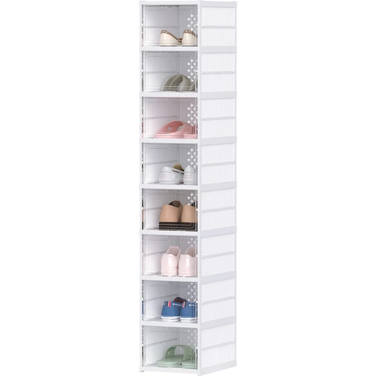 8-stufiges Schuhregal, Schuhschrank, faltbar, belüftete Rückseite, Kunststoff, Weiß--Weiß--140x26x35cm--YOUDENOVA – Bild 2