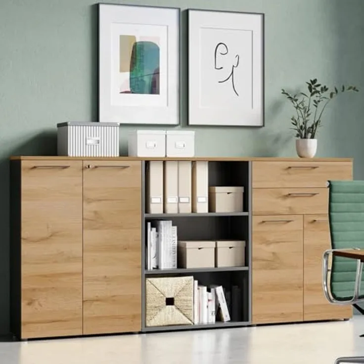 Büromöbel Aktenschrank Set home office abschließbar AURAY-01 in Graphit mit Grandson-Eiche, BxHxT: ca. 240 x 120 x 40 cm