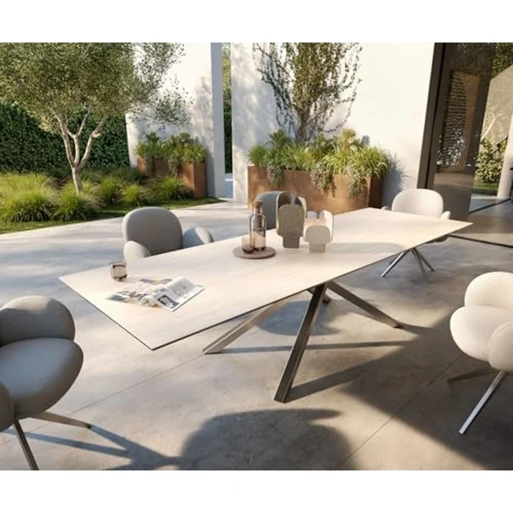 Outdoortisch Edge 300x100 cm Keramik Laminam® Travertino Bianco Creme-Weiß Kreuzgestell Rechteck Edelstahl – Bild 2
