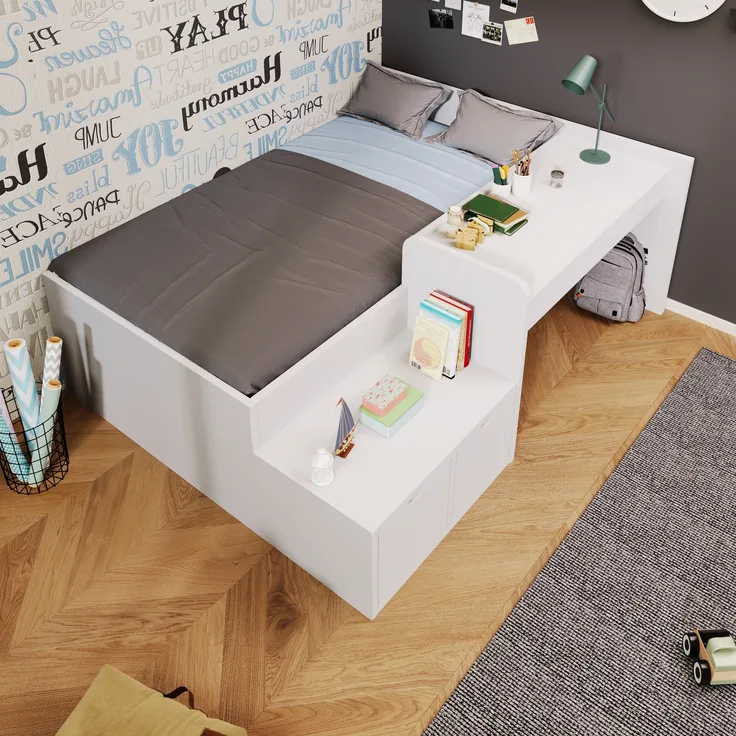 MODFU Kinderbett Schreibtischbett Funktionsbett für Kinderzimmer (Jugendbett, Lernbett, 1-tlg, 90 x 200 cm, Ohne Matratze), mit integriertem Schreibtisch und Schubladen