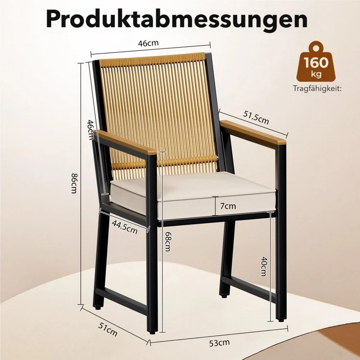 TLGREEN Gartenstuhl Rattan,Wetterfest, Balkonstuhl mit WPC Armlehne, (Outdoor Stuhl mit abnehmbar Kissen, Essstühle aus Metall, 2 St), bis 160 kg belastbar, für Terrasse, Garten, Balkon,Pool – Bild 2