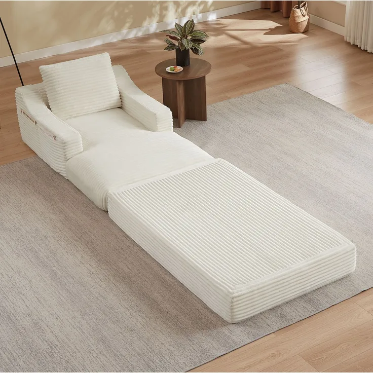 Loungesessel mit Cordbezug, ausziehbar zum kleinen Bett, 100cm×162cm×68cm, Weiß