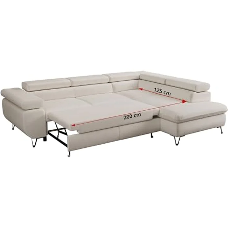 Mks Möbel 'Peter L-form' Ecksofa mit Bettfunktion, Bettkasten & einstellbaren Kopfstützen, Hellbeige, Mikrofaser, links – Bild 7