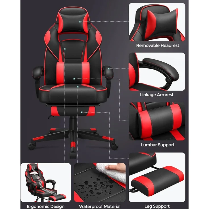 Songmics Bürostuhl, ausziehbare Fußstütze, Kopfkissen, Lendenkissen, höhenverstellbar, ergonomisch, neigbare Rückenlehne, bis 150 kg belastbar, schwarz-rot – Bild 3