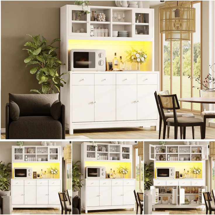 Hochbuffetschrank 140*38.5*180cm mit App-gesteuerter RGB-LED, Glastüren & 4 Schubladen, verstellbare Einlegeböden, Naturholz-Optik, belastbar bis 100kg – Bild 1