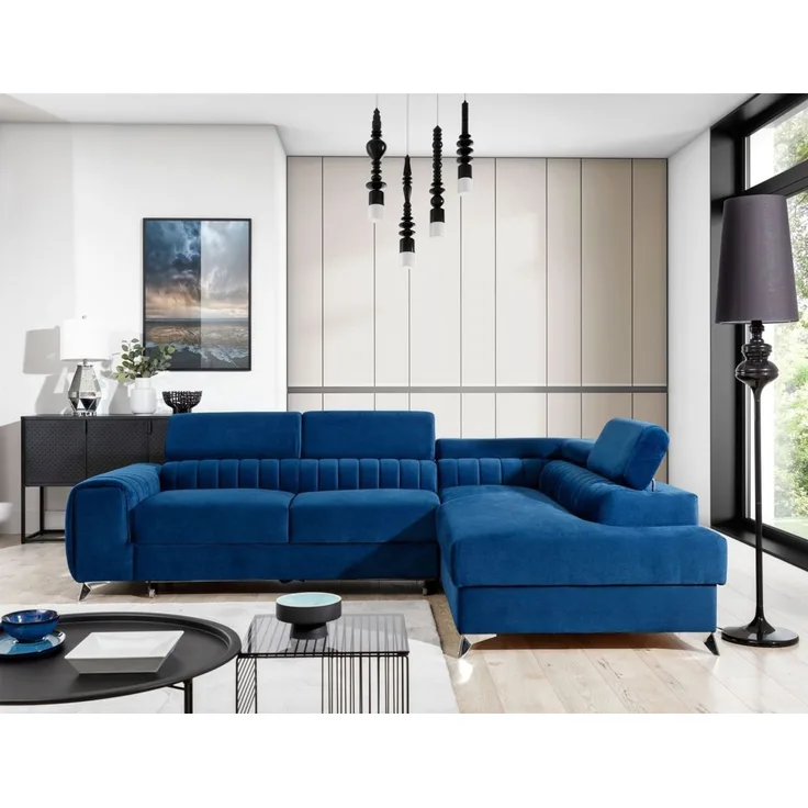 Ecksofa mit Schlaffunktion Sofa ELENI Stoff Kronos Blau Ottomane Rechts