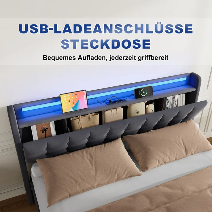 Polsterbett 180 x 200 cm, Samt, mit Bettkasten, Schubladen, USB-Anschluss und LED-Beleuchtung, Dunkelgrau – Bild 9