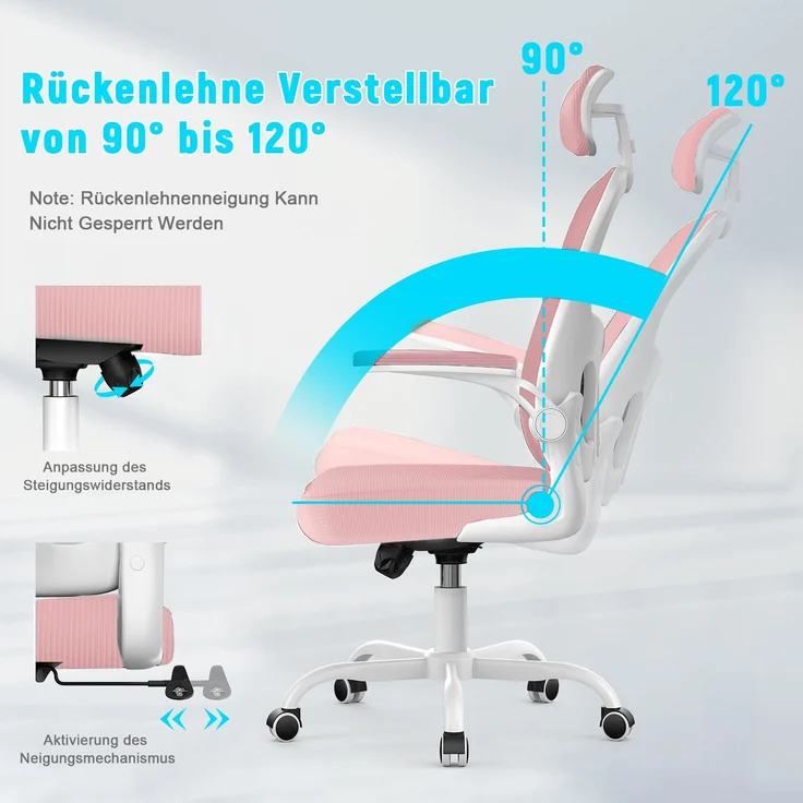 Botifly Ergonomischer Bürostuhl mit Kopfstütze, Mesh-Gewebe, Rosa, 90°-120° Wippfunktion, 10 cm Höhenverstellbar, 52 x 26 x 57 cm – Bild 2