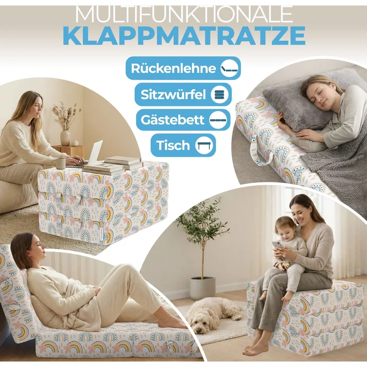 ELONEO Klappmatratze, Gästematratze, 3-teilige Faltmatratze, Schaumstoff extra dick (15cm), waschbar, Bandscheibenwürfel, klappbar, Faltbare Matratze, Erwachsene (Regenbogen, 75 x 195 x 15 cm) – Bild 3