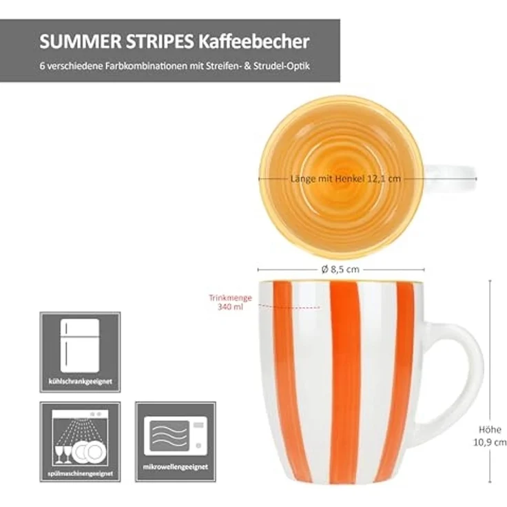 MamboCat Becher Summer Stripes 6er Set Kaffeebecher 340ml bunt Streifen Steingut-Tasse, Steingut – Bild 6