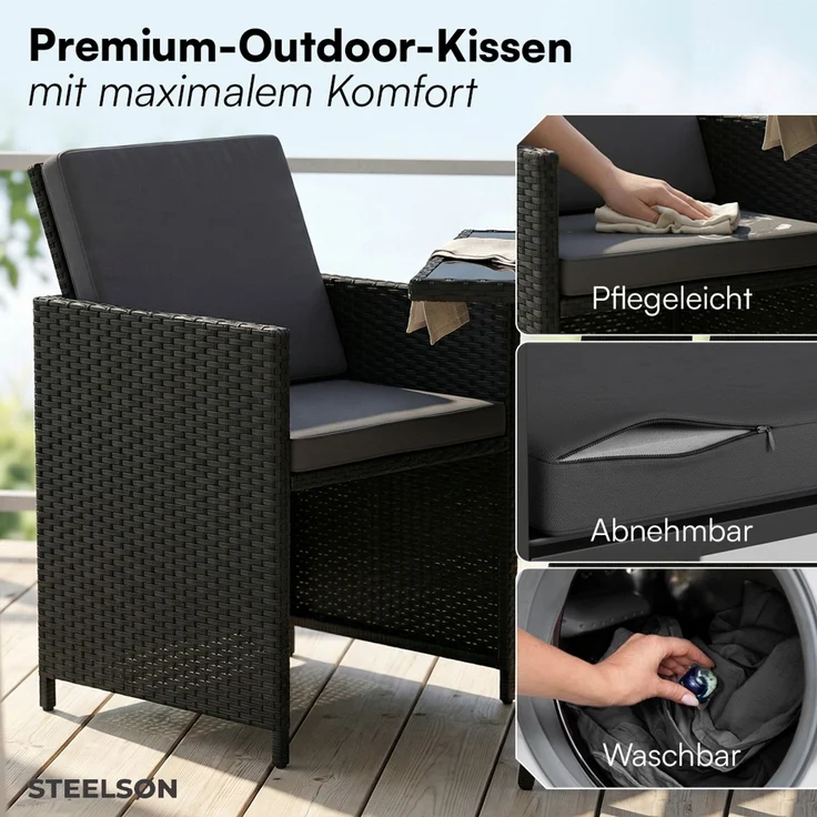 STEELSØN 'Xenara' Polyrattan 3-tlg. Gartenmöbel Set, Sitzgruppe aus 2 Stühlen und Tisch mit Glasplatte, zusammenklappbar, schwarz/anthrazit, wetterfest – Bild 6