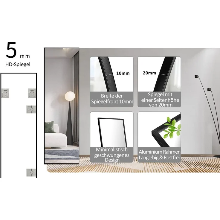 Hopibath Wandspiegel ganzkörper 150x50 160x40 140x40 (Bogenspiegel Ganzkörperspiegel Schwarz, 1-St, Eckig), für Garderobe Flur Friseurladen Schlafzimmer Wohnzimmer – Bild 3