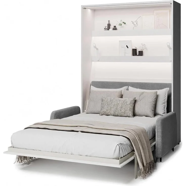MEBLINI Elektrisches Schrankbett BC-36 - 140x200cm Vertikal - Weiß Matt - Sofa und Kopfteil Grau - Wandbett mit Lattenrost, Matratze, Sofa und Kopfteil - Wandklappbett – Bild 1