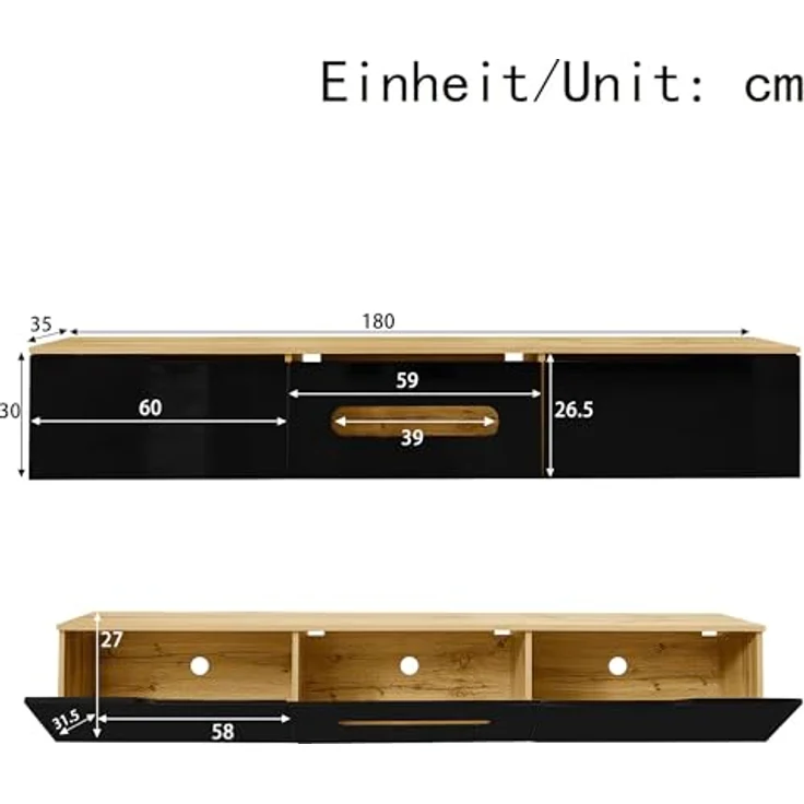 Ball & Cast TV Board Hängend & Stehend mit 3 Staufächern und integrierter Beleuchtung, 180 x 35 x 30 cm, Schwarz + Original Holzfarbe – Bild 10