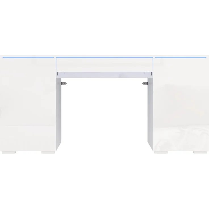 ZUBALIYA 140x50cm großer Schreibtisch in Hochglanz, mit LED-Beleuchtung, 1 Schublade und 2 Türen, moderner Computertisch mit extra großer Arbeitsfläche, Schminktisch mit Stauraum, in Weiß-Hochglanz – Bild 10