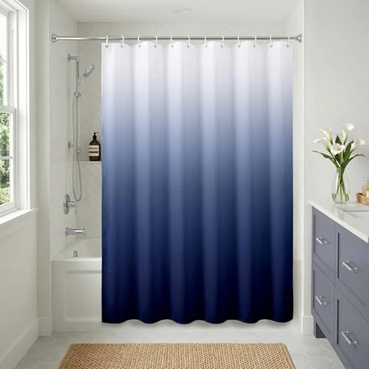 Americanflat Duschvorhang, 100% Polyester, wasserabweisend, mit Metallösen und 12 Duschvorhangringen, Farbverlauf, Duschvorhänge für Badezimmer, 71 x 74 cm, Blau – Bild 2