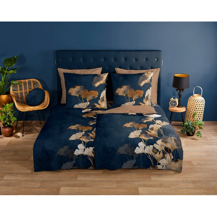 Good Morning Baumwoll-Bettwäsche 155x220 Premium Ginkgo dunkelblau gold 30891