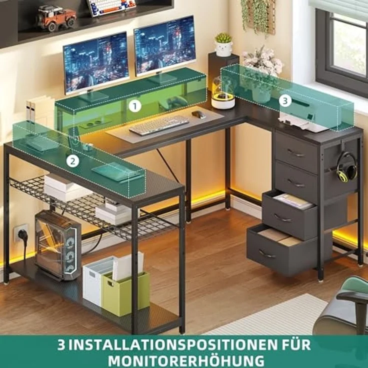 YITAHOME Gaming Tisch mit Steckdosen & LED-Lichter, Computer Schreibtisch mit Schubladen & Stauraum, Reversibler Eckschreibtisch mit Regalen, Computertisch für Home Office, 158 x 100 cm, Schwarz – Bild 6