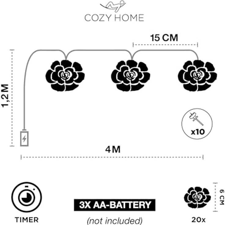 COZY HOME LED-Lichterkette Rosen Lichterkette Batterie & Stecker -, 5 Meter & 20 Blumen LED Warmweiß I Batterie&Stecker I Innenanwendung – Bild 5