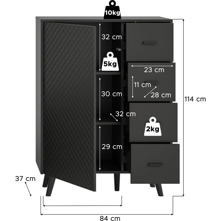 Kommode (B/H/T: 84x114x37 cm) in grau matt tiefzieh – Bild 4