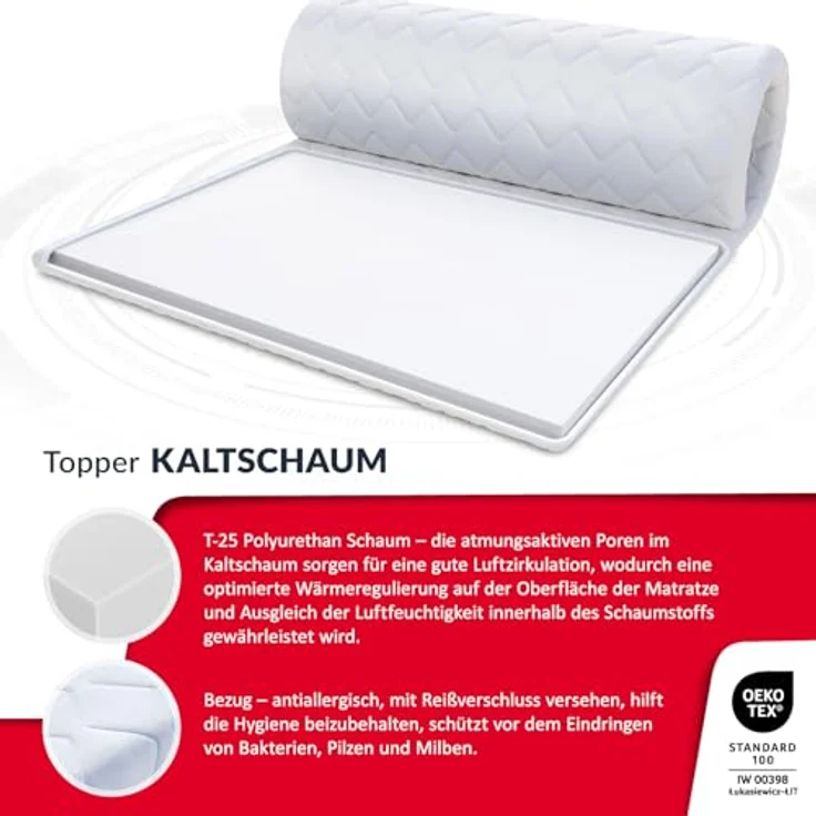 FDM Matratzenauflage 140x200 cm Topper Kaltschaum 5 cm Höhe mit antiallergischem Bezug – Bild 3