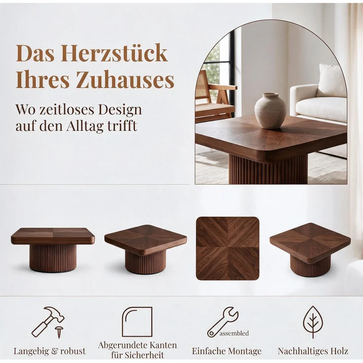 EINHOM 78 cm Holz-Couchtisch mit Rillen-Zylindersockel, Abgerundete Quadratische Dicke Platte, Landhaus-Mitteltisch, Einzeln oder als 2er-Kombination, Einfache Montage, Walnuss – Bild 5