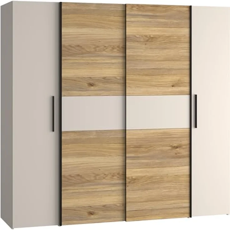 Forte KALIXTUS Kleiderschrank 200, moderner Dreh-/Schwebetürenschrank, 4-türig, geräumig, Holzwerkstoff, Eiche Holzdekor/Kaschmir Beige, 200,1 cm breit x 190,5 cm hoch x 61,2 cm tief – Bild 2