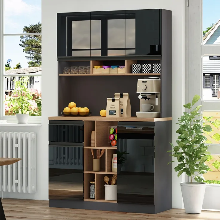 EINHOM 105 x 45 x 185 cm, Moderner Küchenschrank, Buffet, Sideboard, Grau und Schwarz, Metallgriffe, Verstellbare Regale, Schubladen, Offener Stauraum, Kippschutzzubehör, Geeignet für Küche, Wohnzimmer und Schlafzimmer
