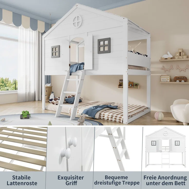Hochbett mit Lattenrost und Fenstern, 90x200 cm, Kinderbett mit Lattenrost und Rausfallschutz, Kiefer – Bild 6