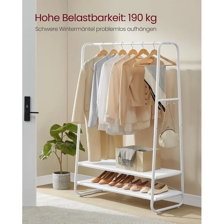 Vasagle Kleiderständer, Garderobenständer, Garderobe, 2 Ablagen, 6 Haken in S-Form, Stahlgestell, für Schlafzimmer, Flur, Eingangsbereich, wolkenweiß-mattweiß – Bild 3