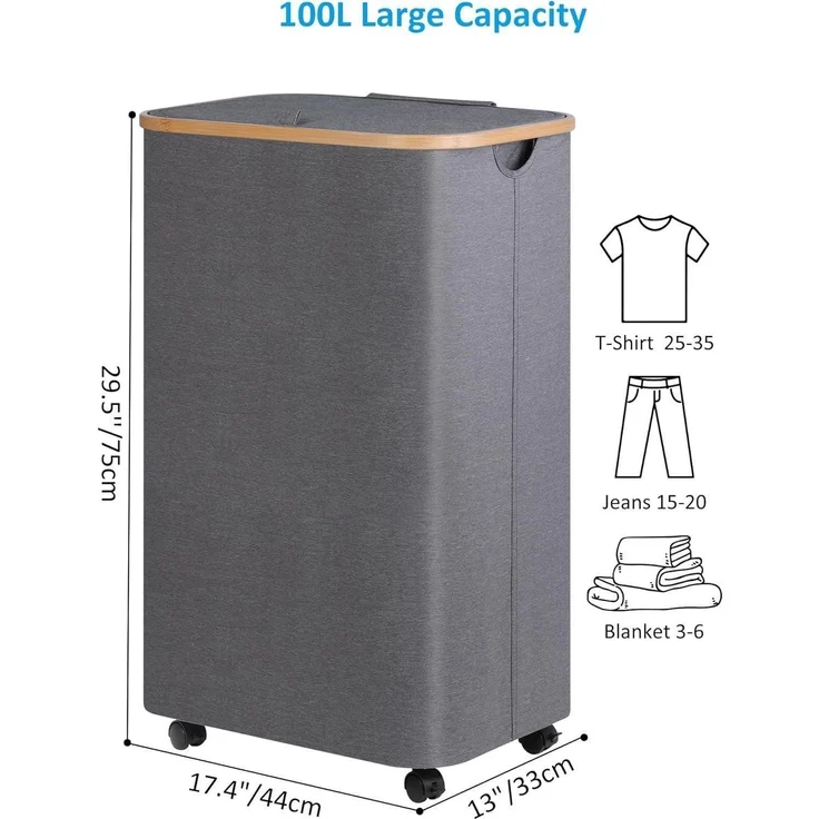 efluky Wäschekorb XL 100L mit Rollen Deckel Herausnehmbarer Innentasche Grau – Bild 2