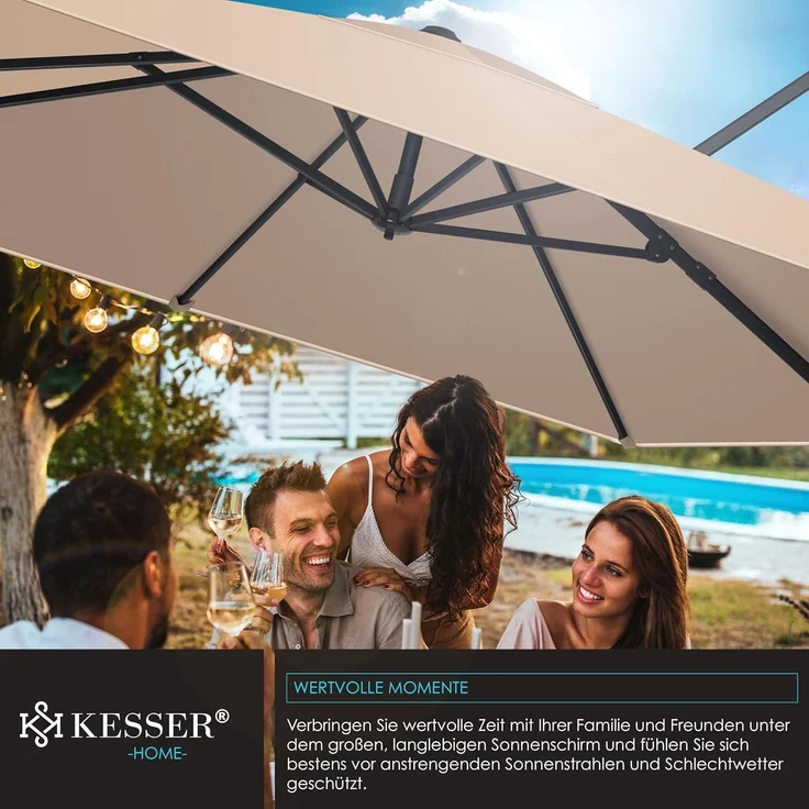 KESSER® Sonnenschirm Ampelschirm Sun XL 300x300 cm Inkl. Abdeckung +Windsicherung Drehbar Neigbar Kippbar Marktschirm Groß 360° Rotation, Gartenschirm mit Kurbel Sonnenschutz UV50+, Taupe – Bild 4