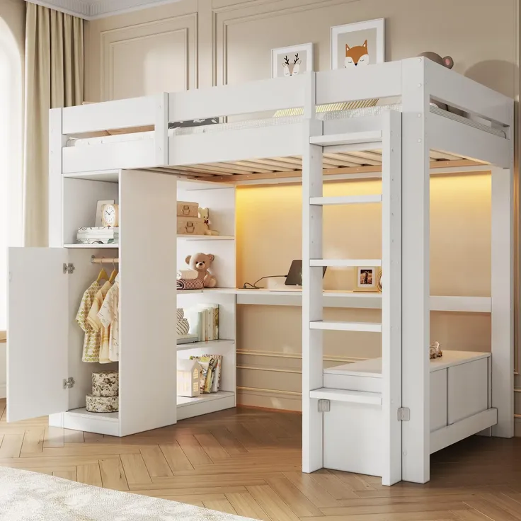 Hochbett mit Schreibtisch, LED-Streifen, Lattenrost, Trittleiter, Regale, Kleiderschrank und USB, 90x200 cm, Kinderbett, Einzelbett, Kiefer