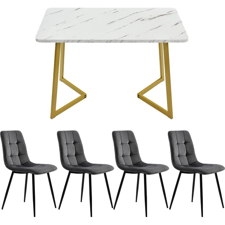 Merax Esstisch 117*68*75cm mit 4er Set Samt Esszimmerstuhl, Essgruppe, (5-tlg, mit Metallbeine und MDF Platte), Grau