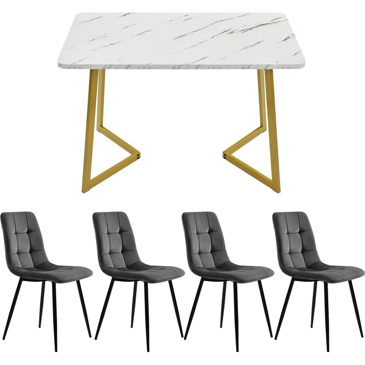 Merax Esstisch 117*68*75cm mit 4er Set Samt Esszimmerstuhl, Essgruppe, (5-tlg, mit Metallbeine und MDF Platte), Grau – Bild 1