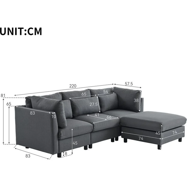 Merax 3-Sitzer mit Hocker, XXL Sofa, aus Leinen mit 2 Kissen,Sofagarnitur,Loungesofa,modulare Couch – Bild 3