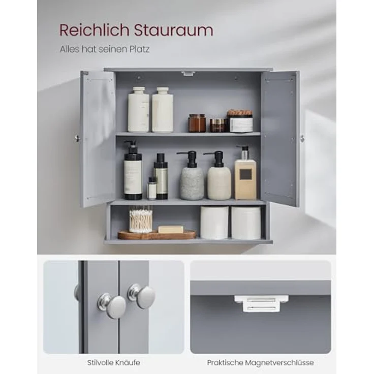 VASAGLE Spiegelschrank, Badschrank, Wandschrank, Hängeschrank mit 2 Spiegeltüren und offenem Fach, verstellbare Ablage, Wandmontage, 13 x 56,5 x 58,5 cm, Taubengrau LHC002G02 – Bild 7