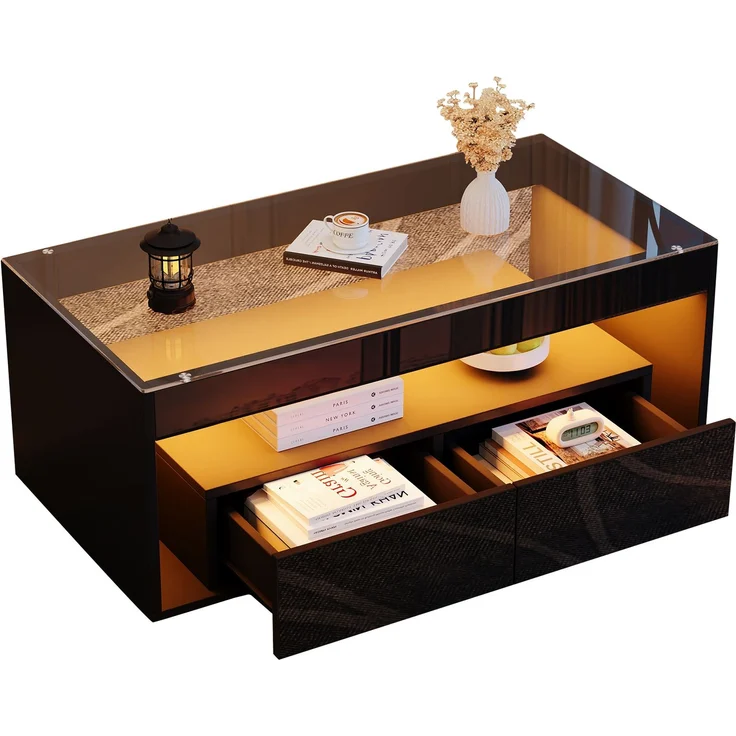 LED Couchtisch Schwarz 100×50×40 cm, Hochglanz Wohnzimmertisch mit Glasplatte, 2 Schubladen, Beleuchtung 16 Farben – Bild 8