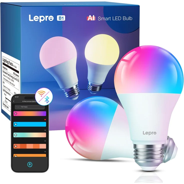 Lepro AI Smart Glühbirne B1, E27 Lampe 8.5W 806lm Dimmbar, Personalisierter KI-Lichtdesigner, Sprachsteuerung/Musik Sync, WiFi & Bluetooth Smart Bulb, Kompatibel mit Alexa/Google Assistant, 2 Stück