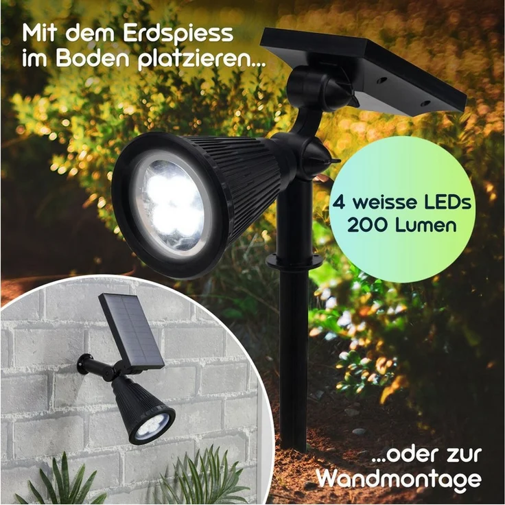 Casativo LED Gartenstrahler Solar-Gartenleuchte Erdspieß & Dämmerungssensor 200lm-Gartenstrahler, 4 weisse LEDs, Leuchtdauer ca. 8 Std. Spot 80° & Solarpanel 180° neigbar IP44 – Bild 4