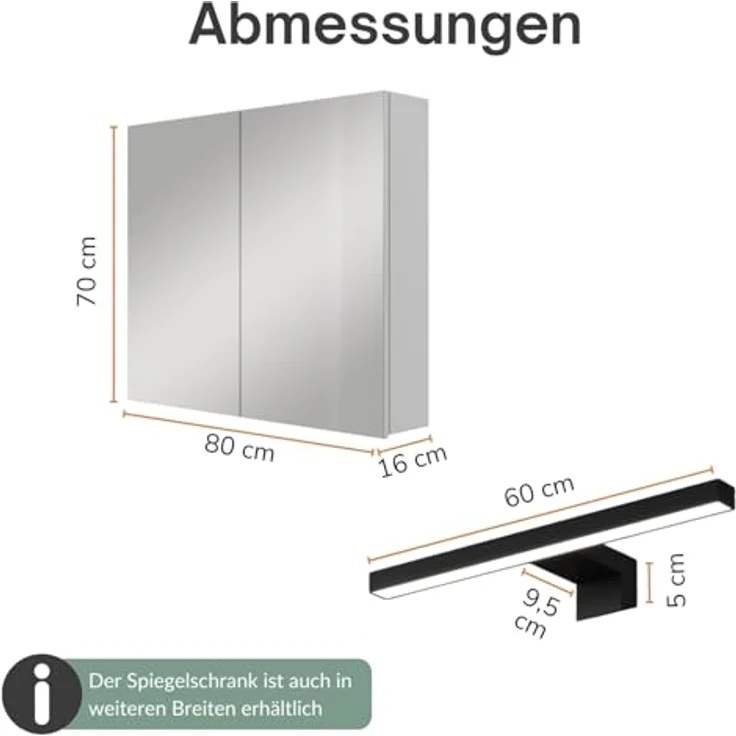 Planetmöbel ARIA Spiegelschrank Bad mit Beleuchtung 80 cm breit | Badschrank hängend mit Spiegel | Weiß Grau, mit Leuchte und Steckdose, Spiegelschrank Gäste WC 80 x 70 x 16 cm – Bild 4