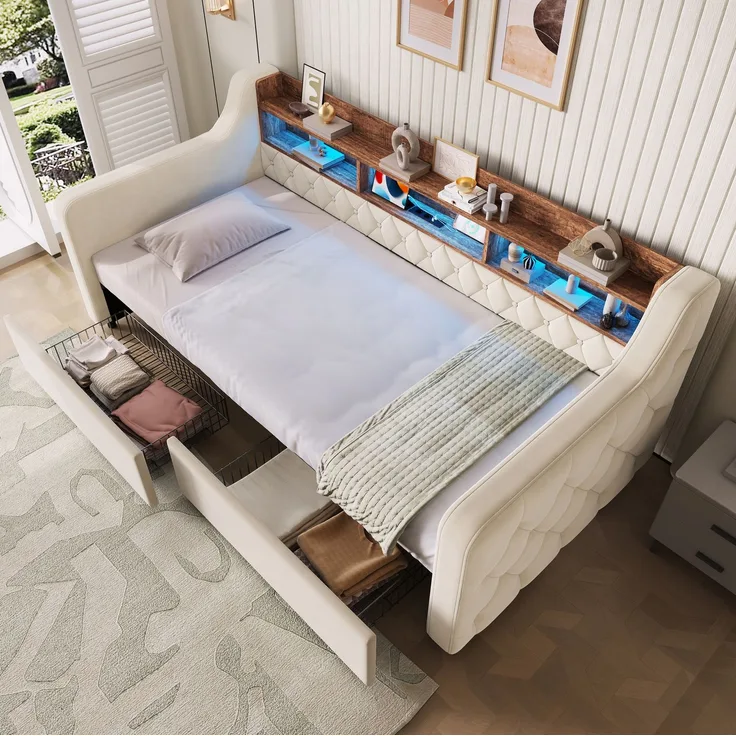 Polsterbett 90x190 cm in Beige mit LED, Ablagefläche und 2 Schubladen – Ohne Matratze