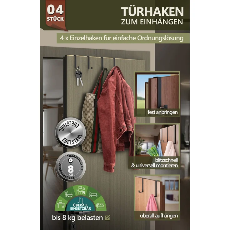Aurelia Home Türhaken zum Einhängen, 4er-Set, Schwarz – für Türen und Schranktüren, bis 8 kg – Bild 2