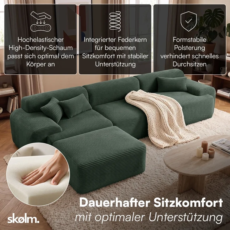skølm 'Menja' Sofa 3-tlg mit Hocker, 3er Sitz mit 3 Kissen, Cord dunkelgrün, Vollschaumcouch mit Federkern und Vakuum-Kompression, kein Aufbau erforderlich – Bild 2