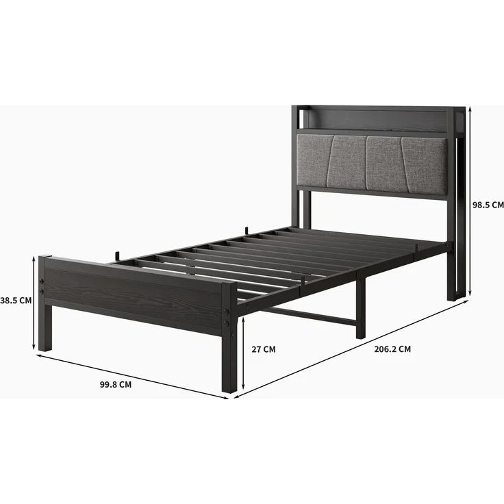 Metallbett 90x200 cm mit USB & Stauraum-Kopfteil, Schwarz, Traglast 400 kg (ohne Matratze) – Bild 10