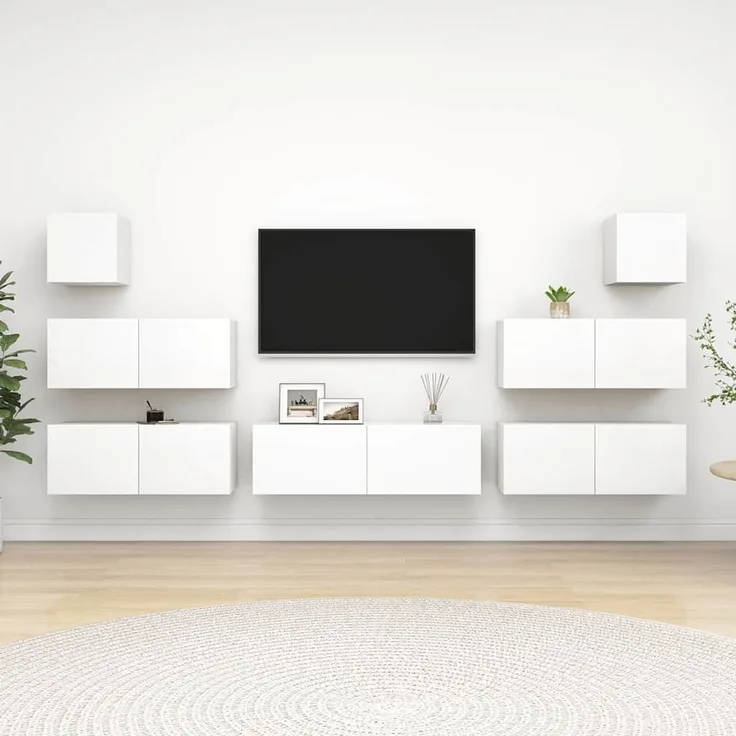 7-tlg. TV-Schrank, Lowboard TV Set Weiß Holzwerkstoff