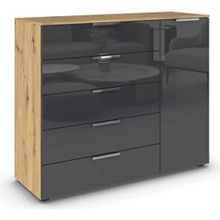 Rauch Möbel Flipp, Kommode für Schlafzimmer, Kinderzimmer, Wohnzimmer, Flur, Garderobe, 1-türig, 5 Schubladen, mit Softclose-Funktion, Farbe Eiche Artisan, Holz/Glas Basalt, Schwarz, Breite 120 cm – Bild 2