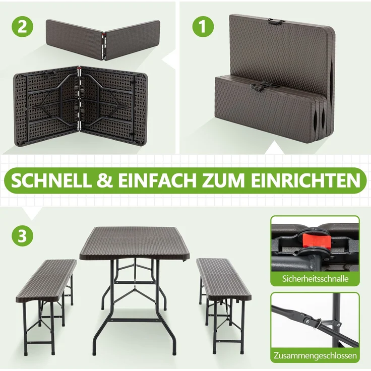 6ft Klappbarer Picknicktisch mit 2 Bänken, 3-teiliges Camping Set, HDPE Tischplatte mit Baummuster, Sicherheitsverriegelung, UV- & wasserbeständig, Braun – Bild 4